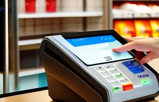 Покупатель вставляет карту в POS-терминал, прикрывая клавиатуру, символы безопасности вокруг карты и экрана.