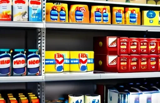 Полка магазина с отечественными и импортируемыми товарами, маркировка происхождения и символ регуляторной политики