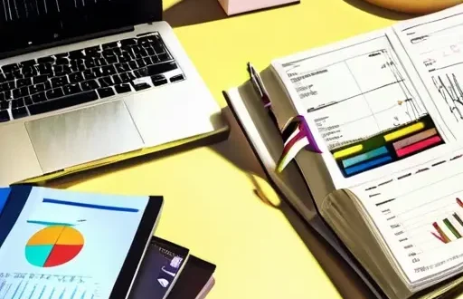 Рабочее место стартапа с документами по налогам и аналитической панелью на экране