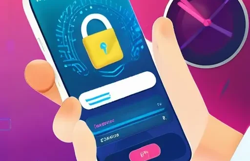 Иллюстрация безопасного использования банковских приложений: смартфон с банком приложением, значки защиты и биометрия