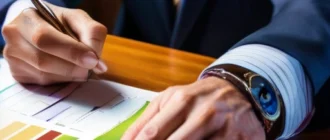 Финансовый консультант анализирует пенсионную стратегию с использованием графиков и документов в офисе