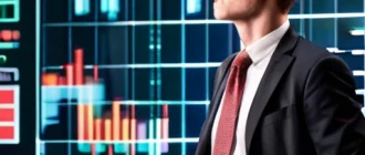 Investor controlling emotions amidst fluctuating market charts with symbols of emotional stability