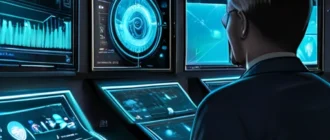 Futuristic control room with holographic interfaces representing technology in pension fund management.